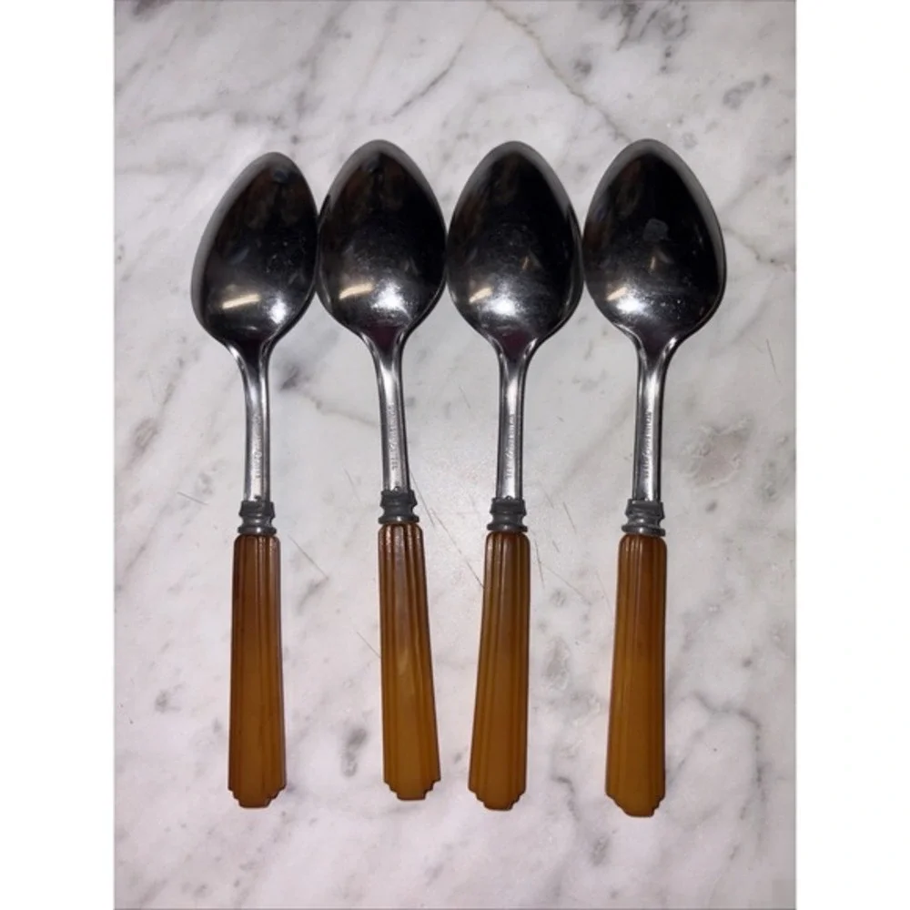 VTG Set of 4 Teaspoons Butterscotch‎ Bakelite Amber Handles MCM Style Farmhouse